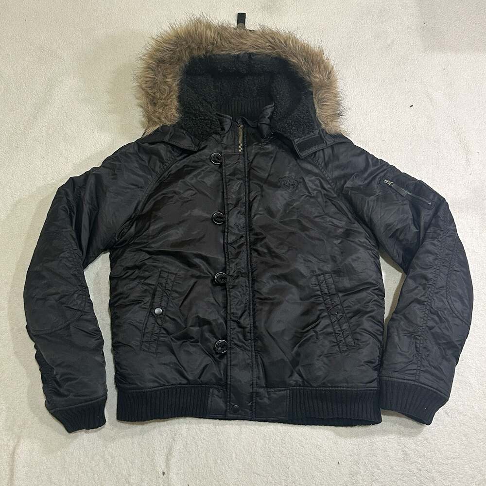 Buffalo David Bitton Men's Black Bomber Jacket with Faux Fur Hood Size M